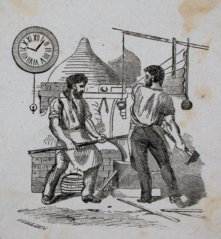 Gravure de deux forgerons en train de battre le fer pendant qu’il est encore chaud.